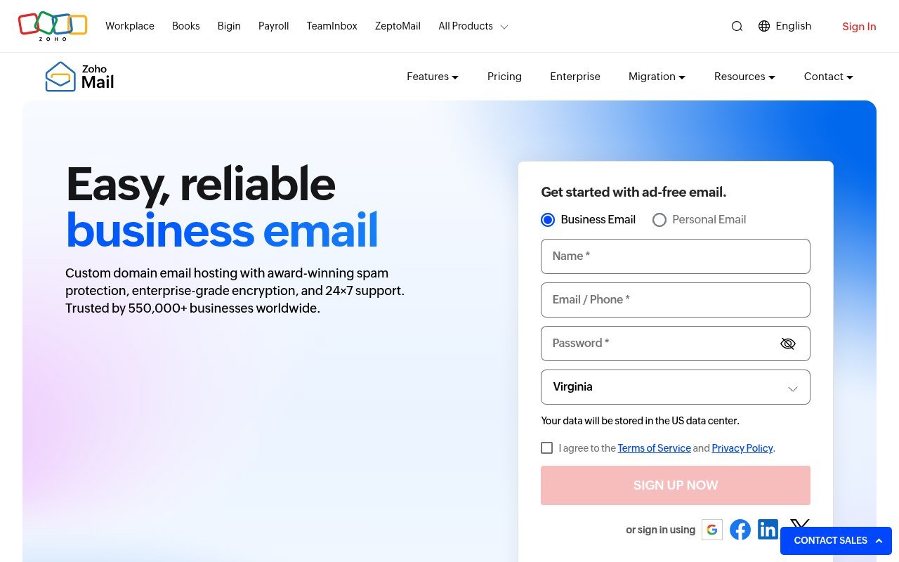 Zoho Mail homepage showing ad-free business email with a custom domain