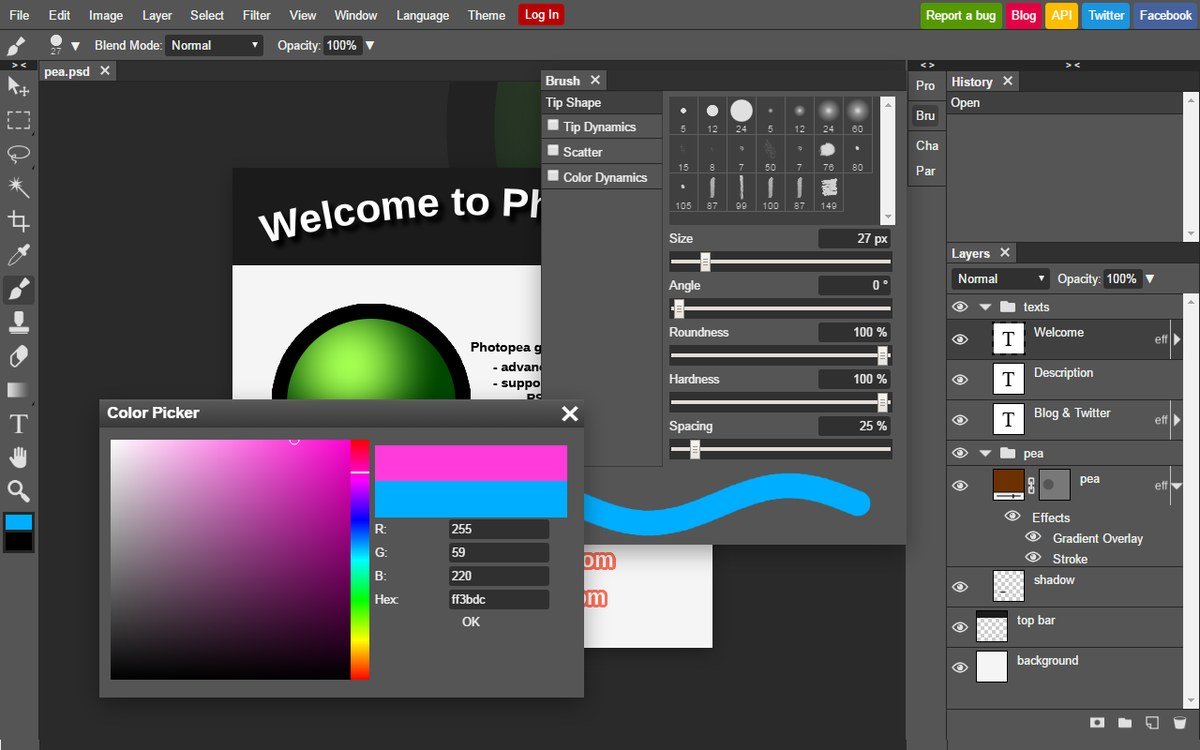 Photopea browser based photo editor with layers panel and toolbar open