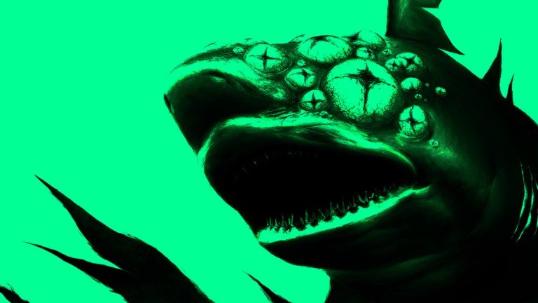 Pressure creature artwork of a large toothed fish silhouetted against bright green