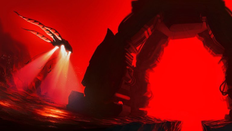 Pressure artwork of a red lit corridor leading toward a dark mechanical shape