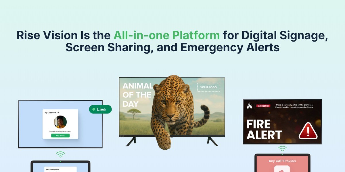 Rise Vision screens showing digital signage, screen sharing and a fire alert