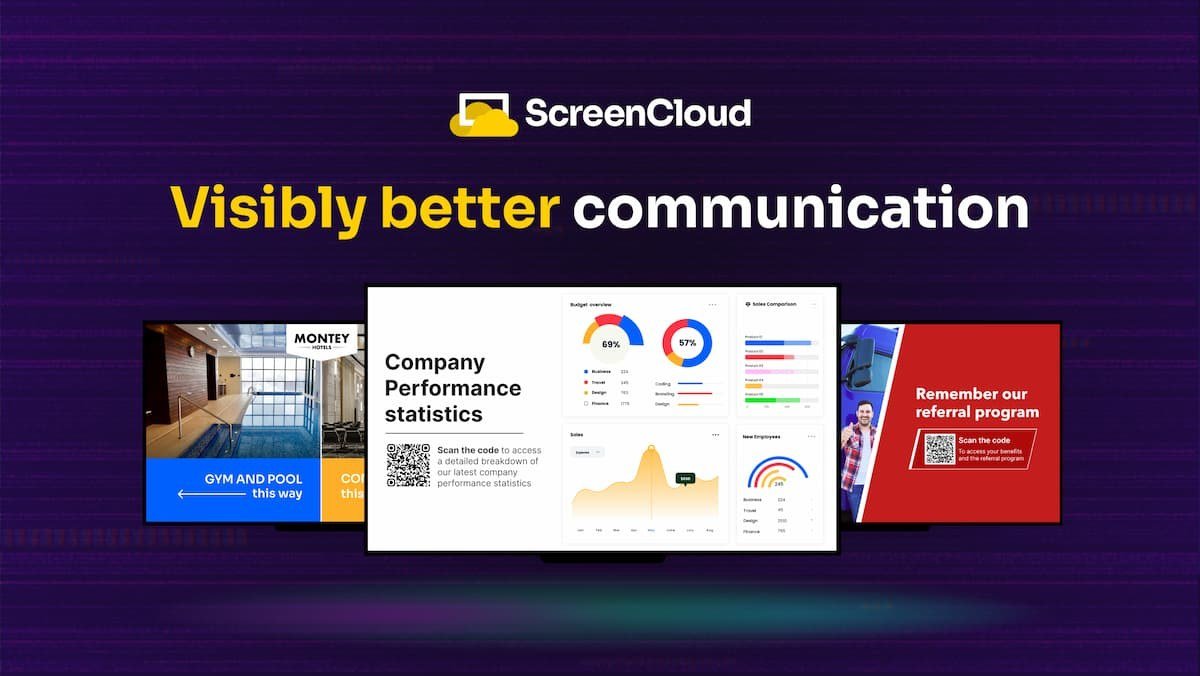 ScreenCloud dashboard and screen layouts for workplace communications