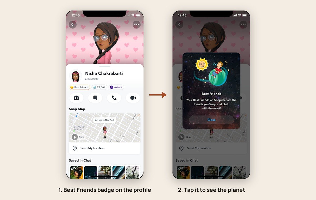 Snapchat Friendship Profile with the Best Friends badge, and the planet pop-up that opens after tapping it
