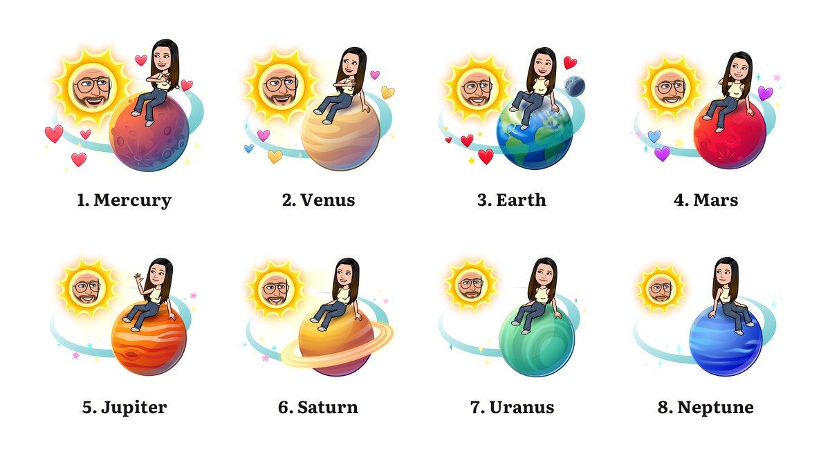 Snapchat's eight Solar System planet Friendmojis, numbered one to eight from Mercury to Neptune