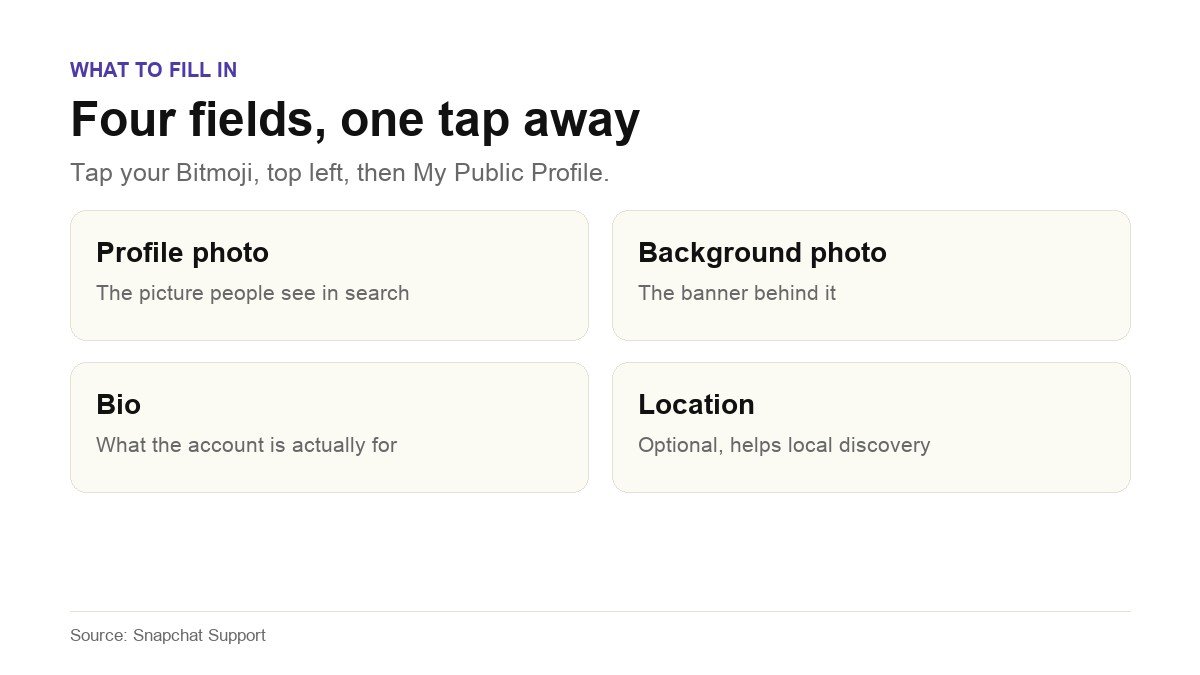 Four fields on a Snapchat Public Profile: profile photo, background photo, bio and location