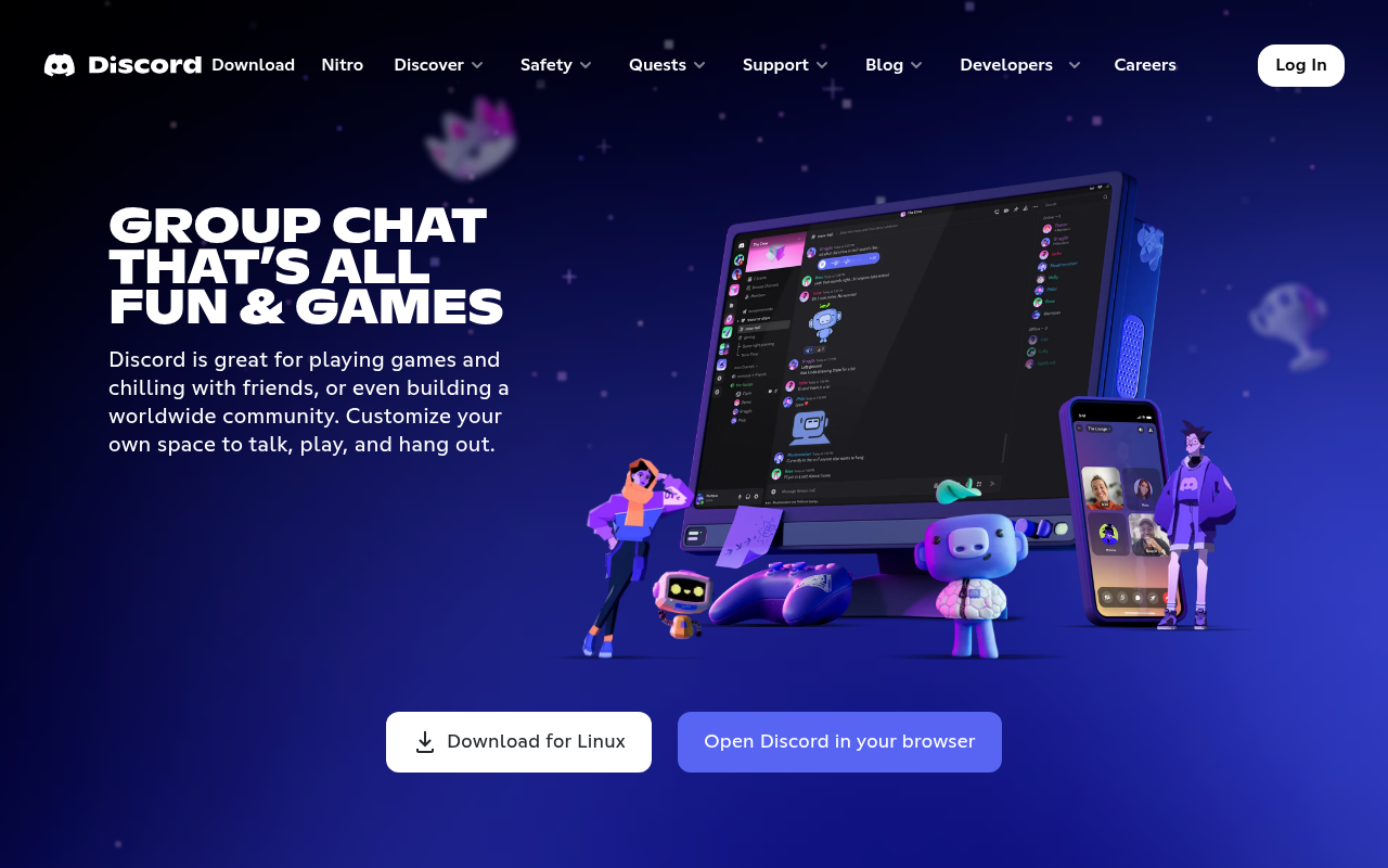 Discord home page showing group chat servers and voice channels