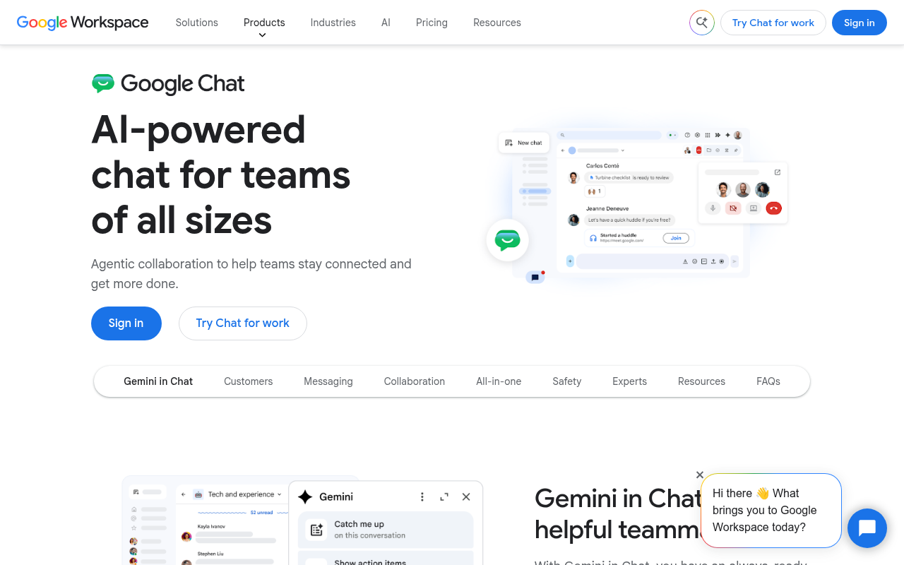 Google Chat product page showing spaces and Gemini in Chat