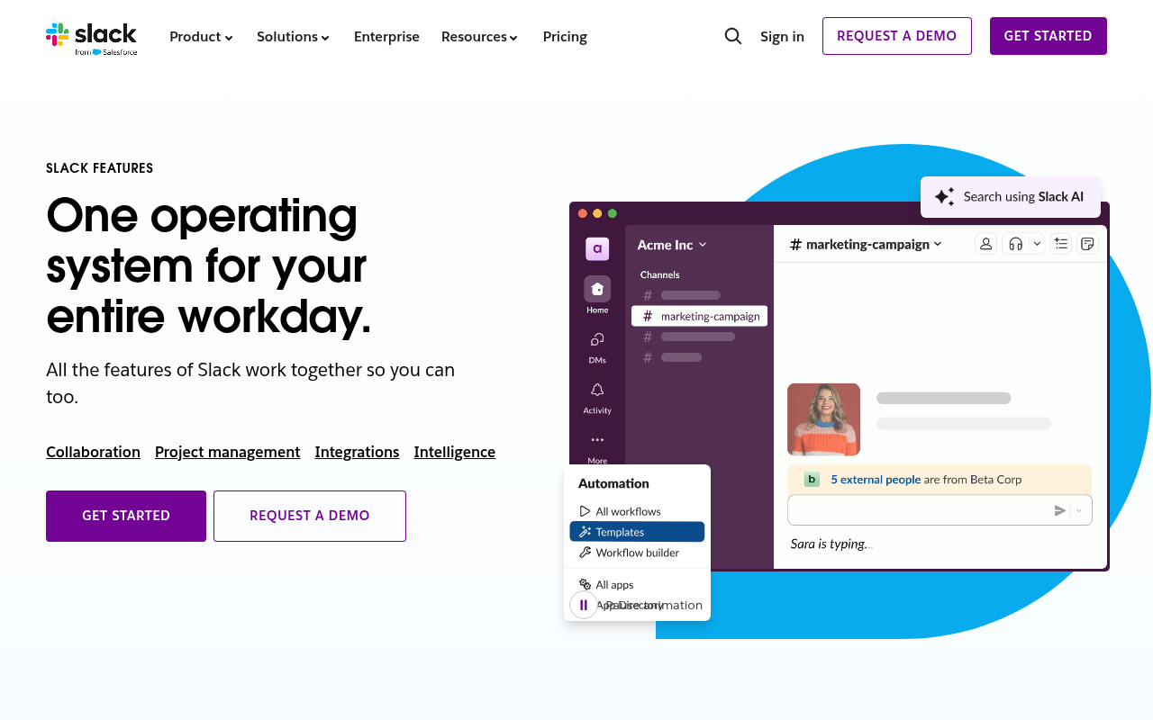 Slack features page showing channels, automation and integrations