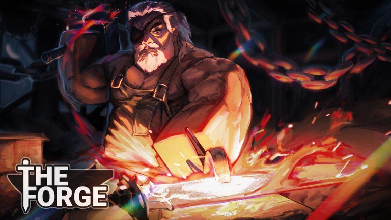 A blacksmith hammering a glowing blade on the anvil in The Forge artwork