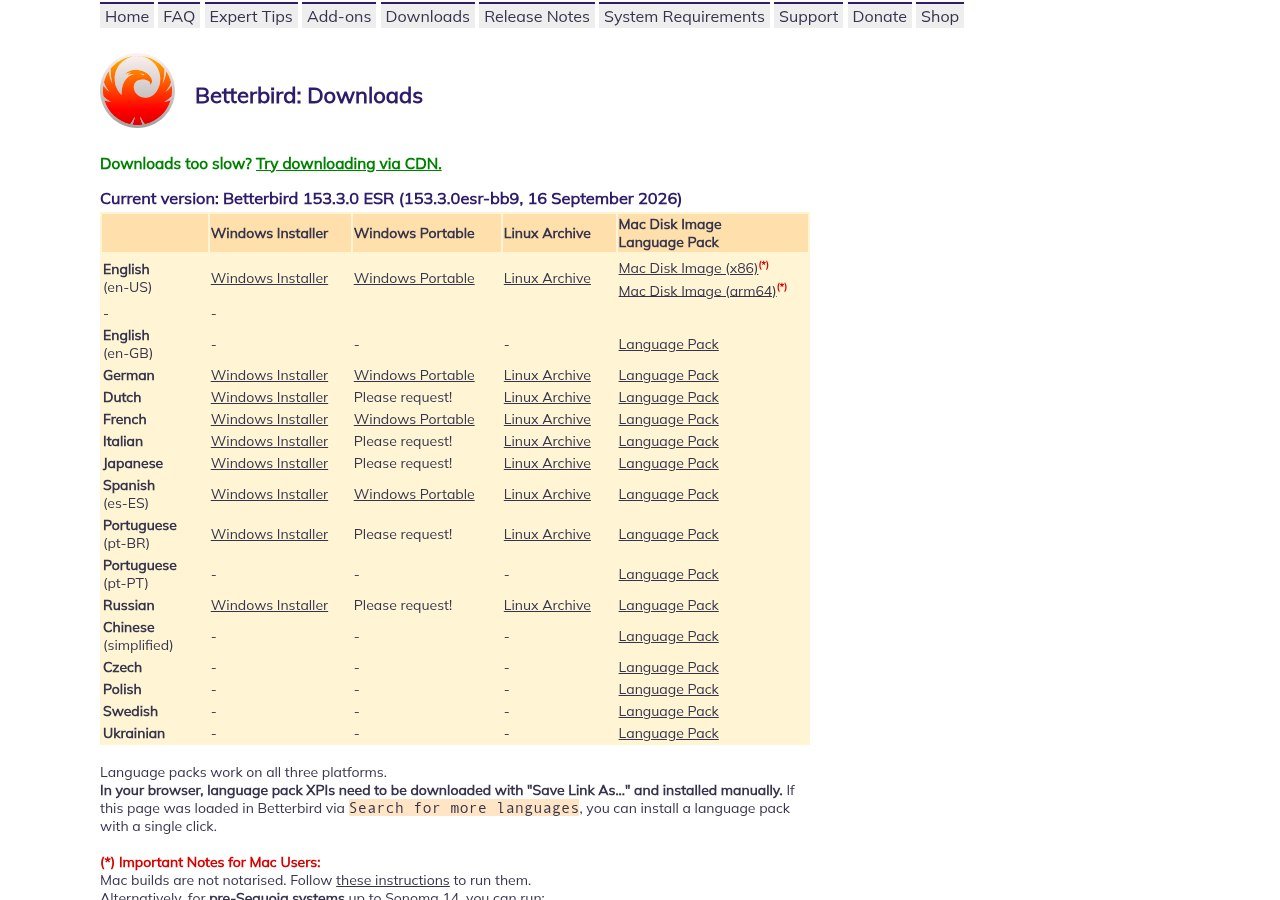 Betterbird downloads page listing Windows, Linux and Mac builds by language