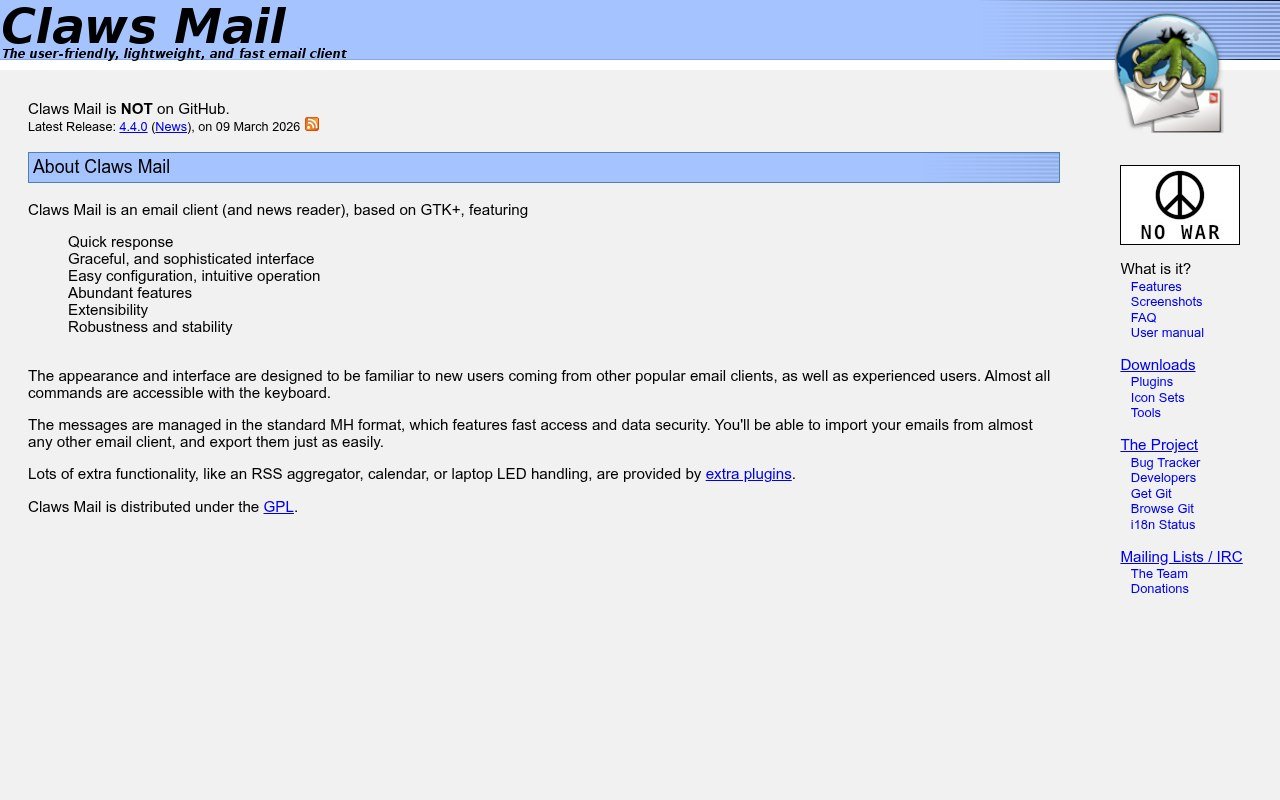 Claws Mail homepage showing the lightweight GTK email client and its latest release