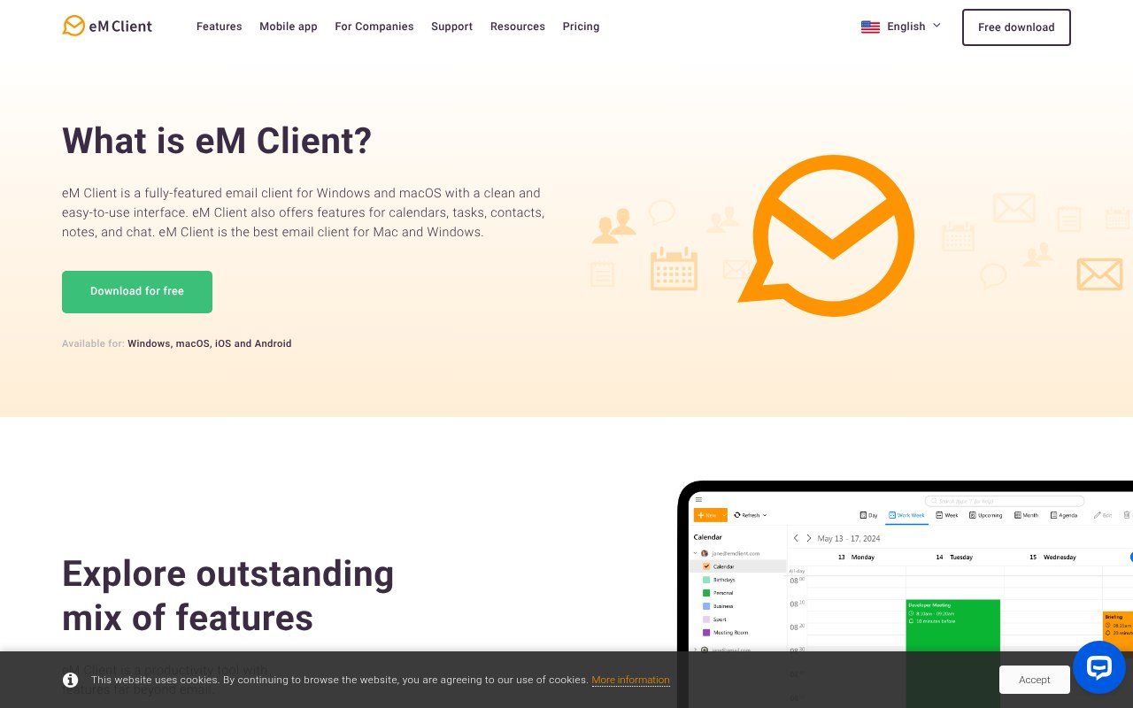 eM Client features overview page showing mail, calendar, tasks and contacts