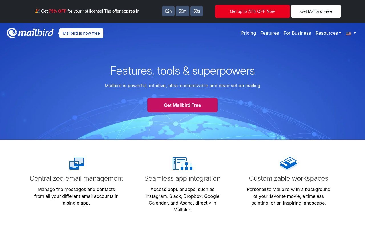 Mailbird features page showing the unified inbox, calendar and app integrations