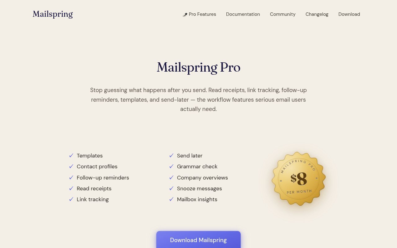 Mailspring Pro page listing read receipts, link tracking and send later at eight dollars a month