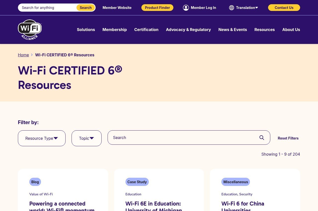 Wi-Fi CERTIFIED 6 resources page from the Wi-Fi Alliance