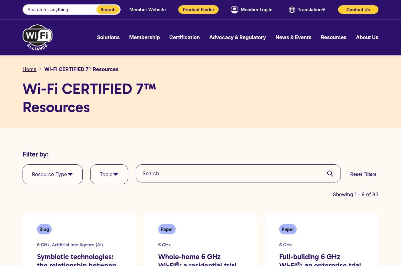 Wi-Fi CERTIFIED 7 resources page from the Wi-Fi Alliance