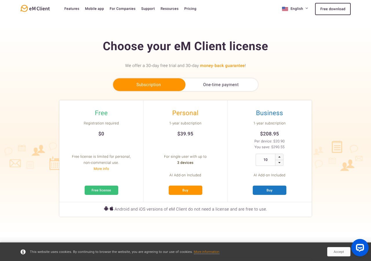 eM Client pricing page showing the free licence next to the paid tiers