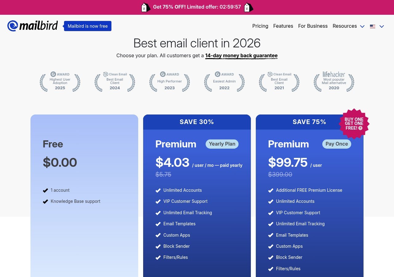 Mailbird pricing page showing the free plan and the discounted premium tiers