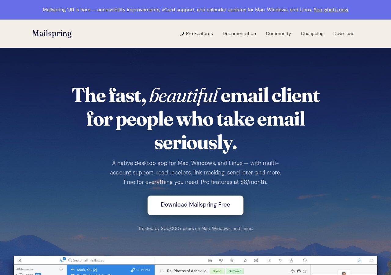 Mailspring homepage showing the free email client for Windows, Mac and Linux