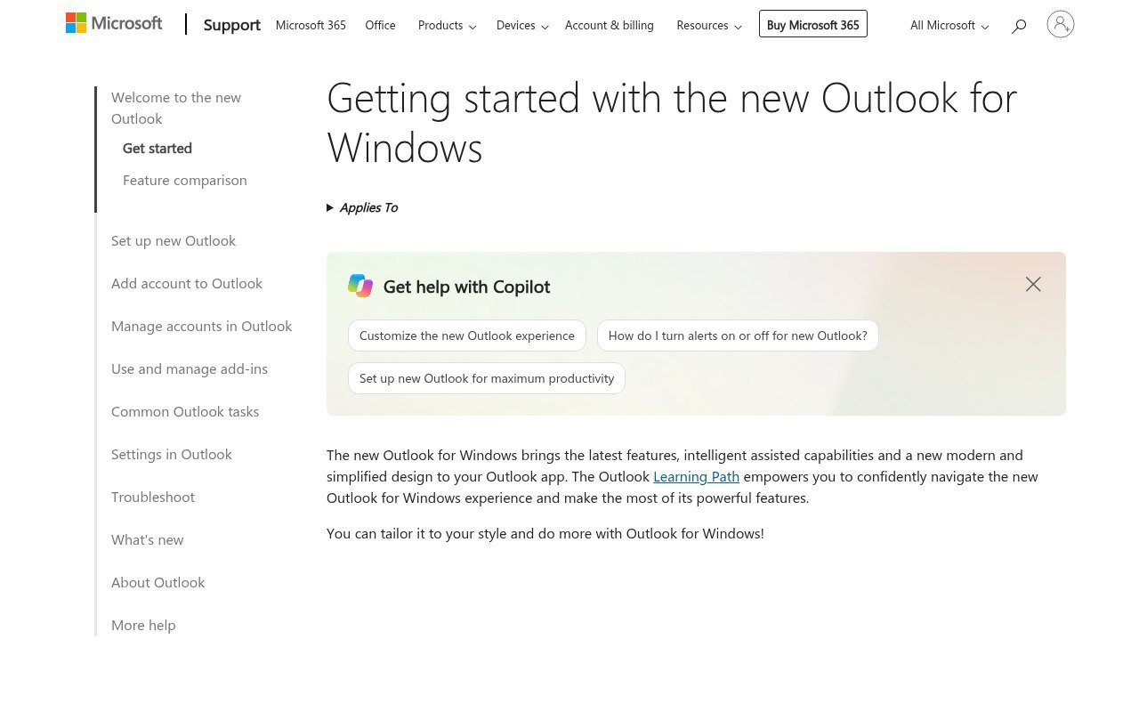 Microsoft getting started page for the new Outlook for Windows