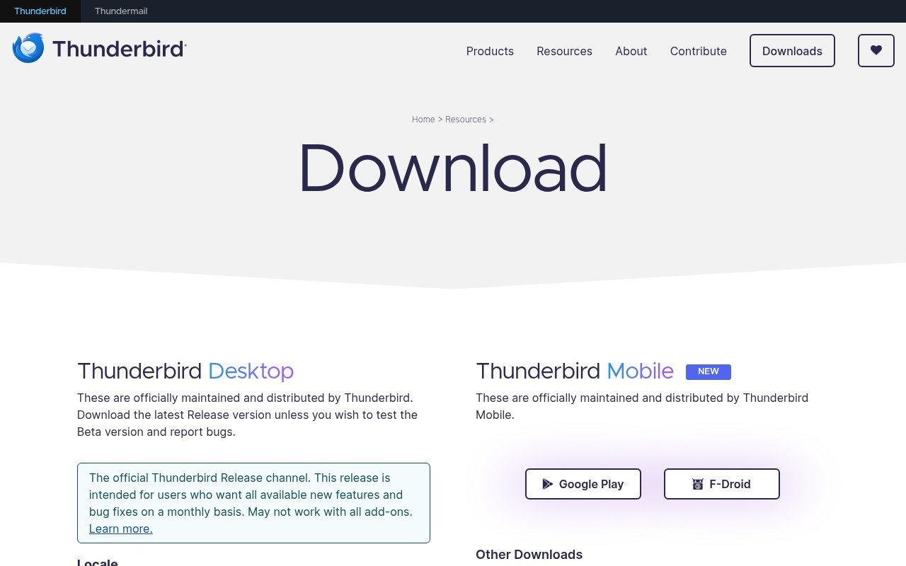 Thunderbird download page listing Windows installer and MSI builds