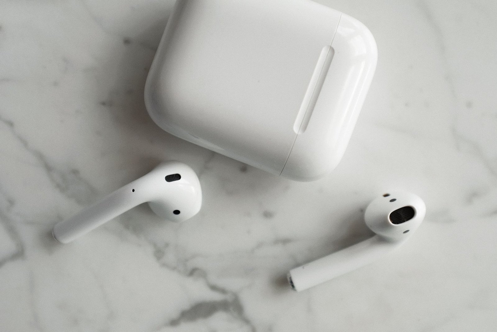 Wireless earbuds photographed close up