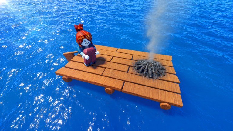 A player beside a campfire on a small raft in 100 Days At Sea