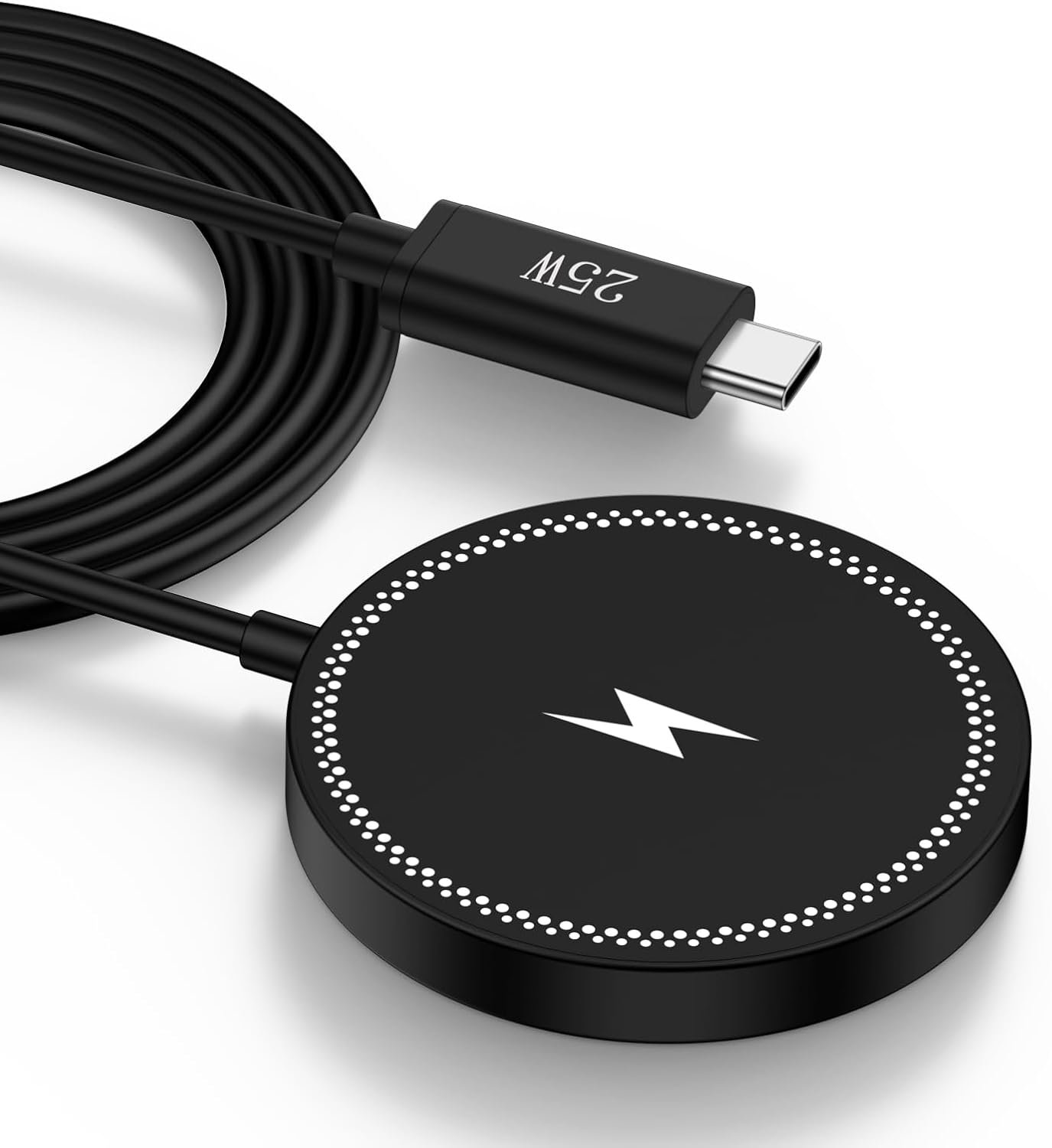 Magnetic 25W wireless charging pad with four foot cable for Samsung and Android phones