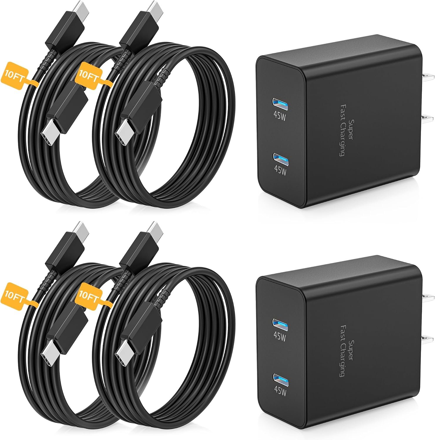 45W dual port USB-C charger two pack with long cables for Samsung