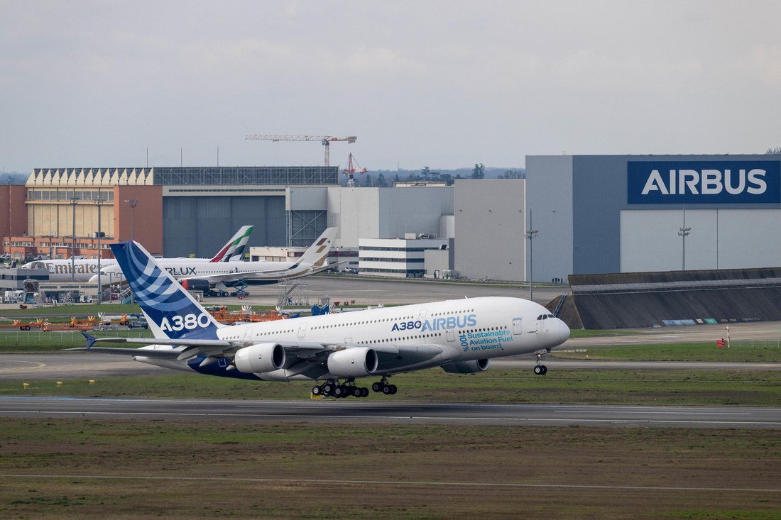 Airbus A380 aircraft parked outside the Airbus assembly site in Toulouse