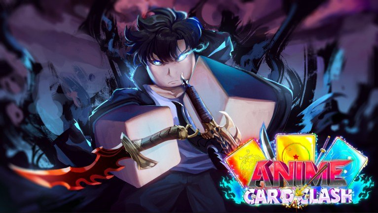 A swordsman beside the Anime Card Clash logo and a spread of cards