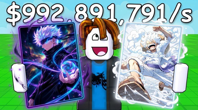 Roblox character between two glowing anime cards with a per-second income counter