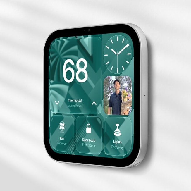 Wall-mounted Apple HomeView showing thermostat and lock controls