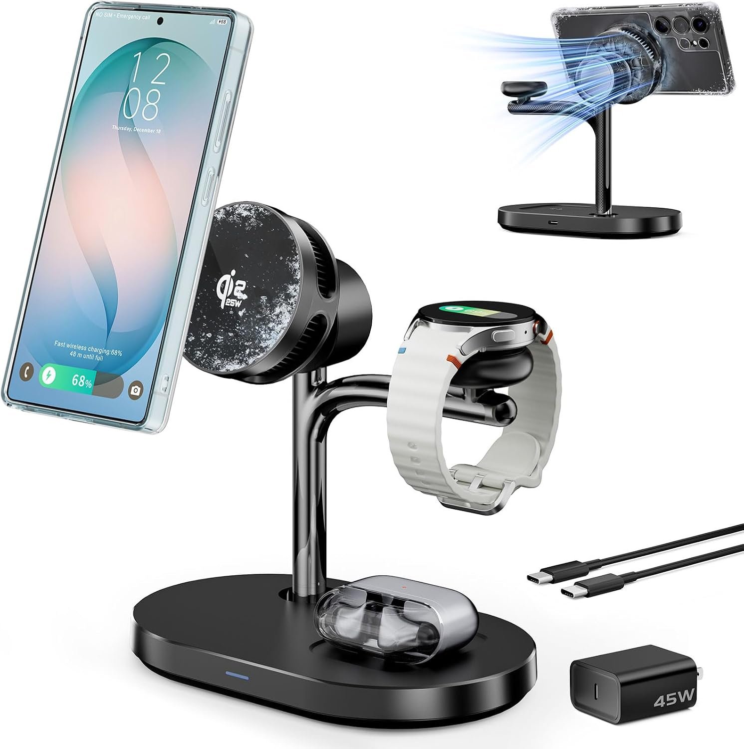 Aswwid Qi2.2 25W magnetic wireless charging station with active cooling for Samsung