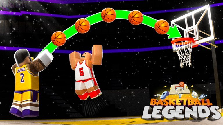 A player dunking under a green shot arc in Basketball Legends