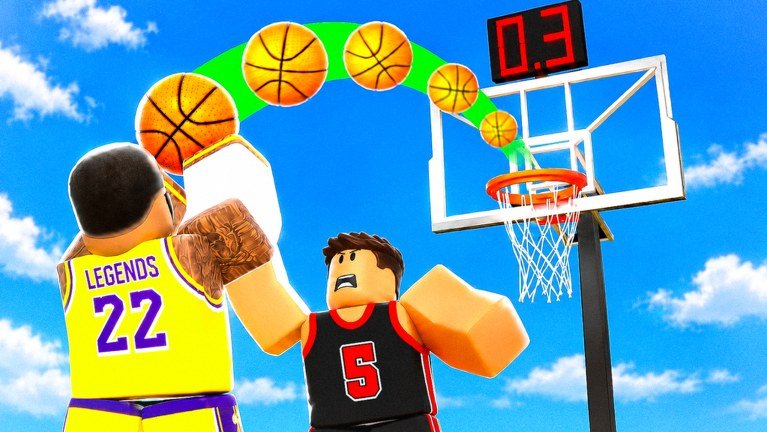 Two players under the hoop with the shot clock at 0.3 in Basketball Legends