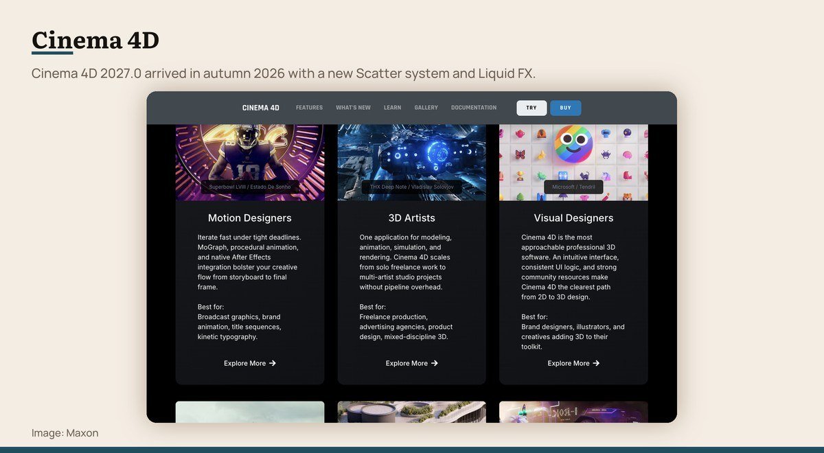 The Maxon Cinema 4D page showing its motion graphics toolset