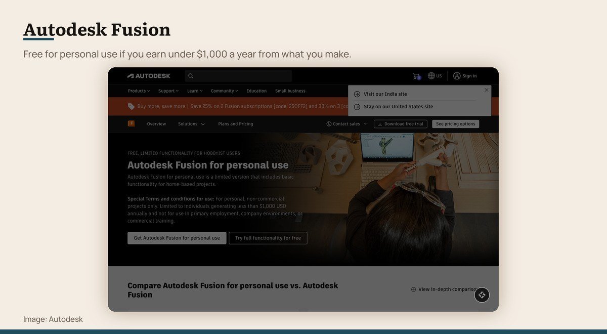 The Autodesk Fusion for personal use page listing its licence terms
