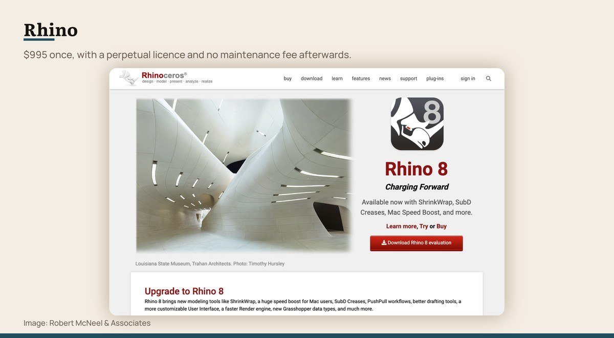 The Rhino 8 home page showing architectural and product models