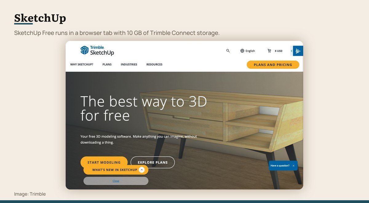 The SketchUp Free page describing browser-based 3D modelling