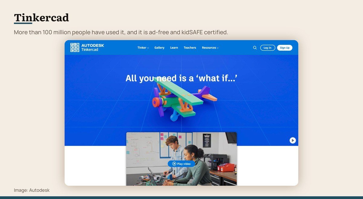 The Tinkercad home page describing its free browser-based 3D design tools