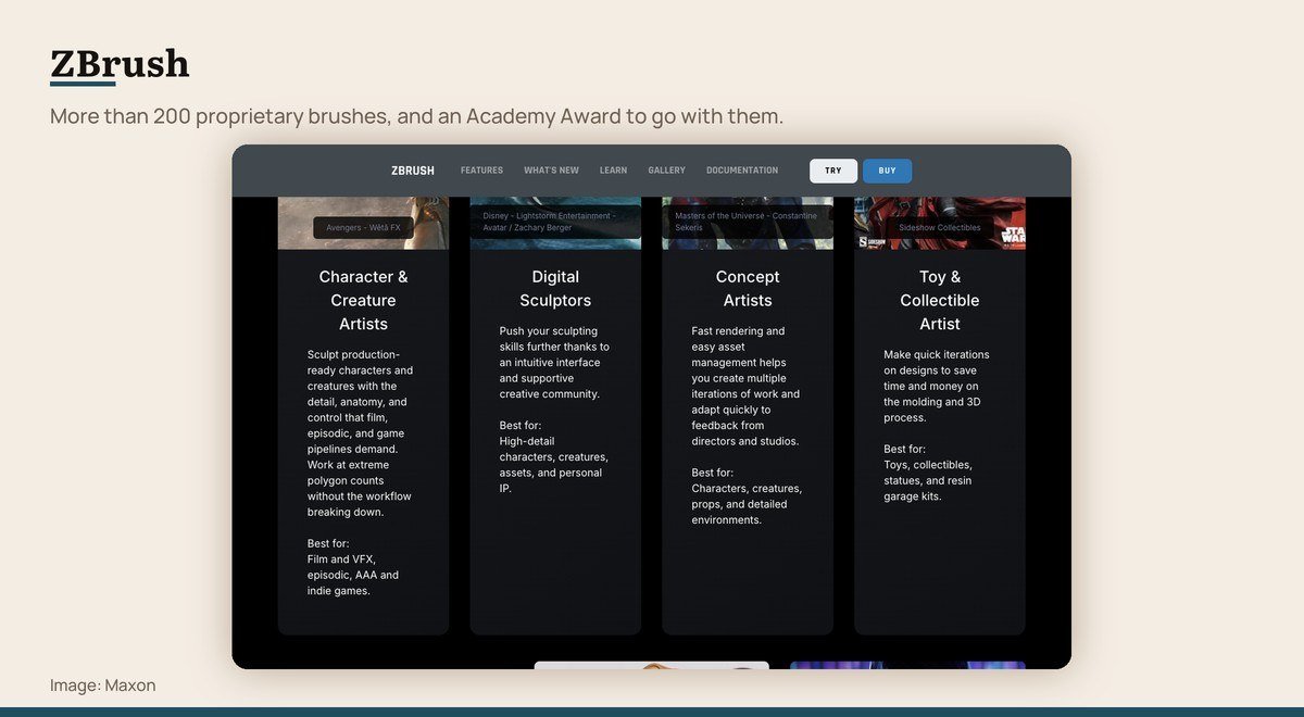 The Maxon ZBrush page showing its digital sculpting tools