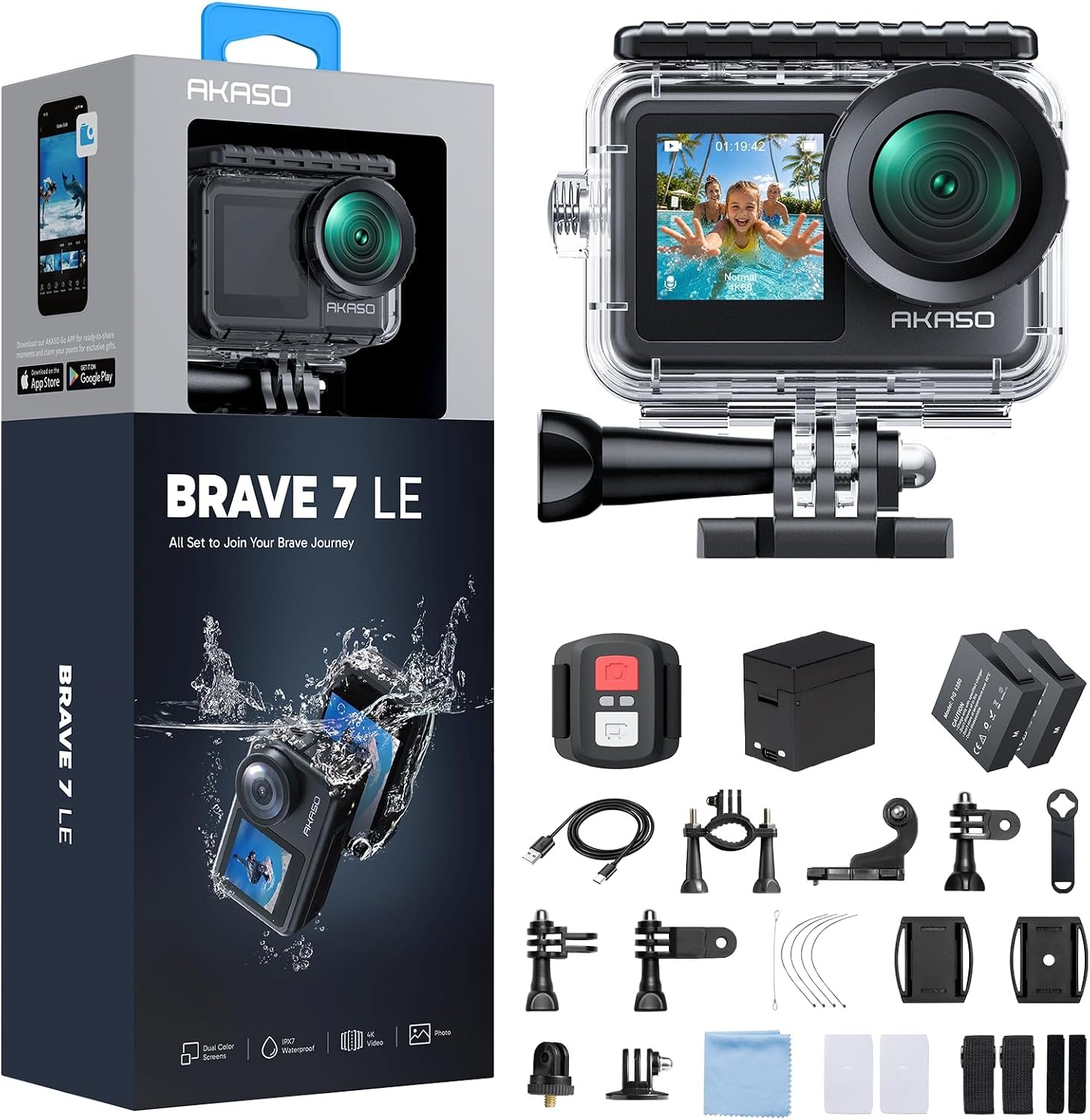 AKASO Brave 7 LE action camera with its waterproof housing and bundled accessories