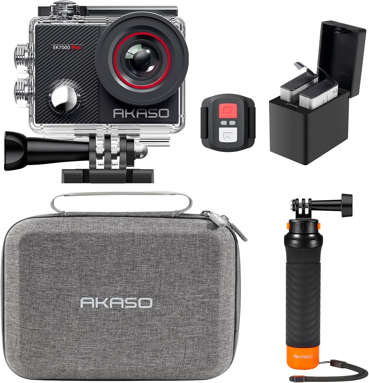 AKASO EK7000 Pro action camera with its carry case, grip and spare battery