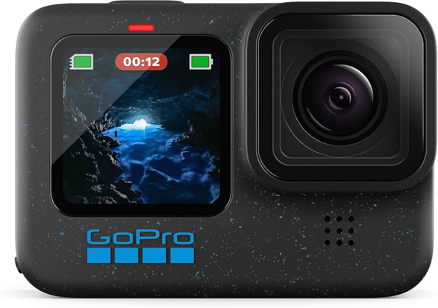 GoPro HERO12 Black action camera showing its front screen and lens
