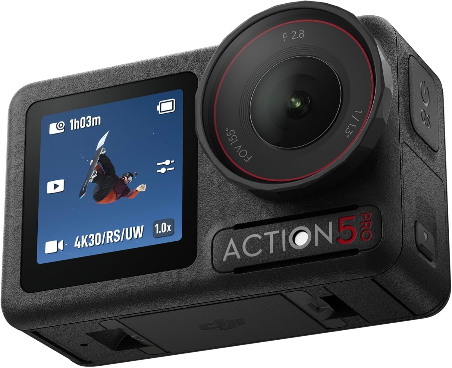 DJI Osmo Action 5 Pro action camera in black with its front and rear touchscreens