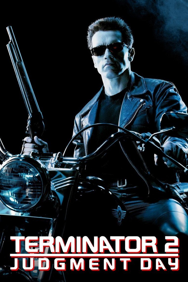 Terminator 2 poster showing a leather-clad figure holding a shotgun beside a motorcycle