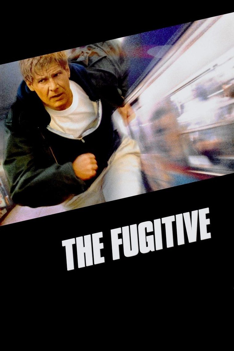 The Fugitive poster showing a man running in front of a wrecked train