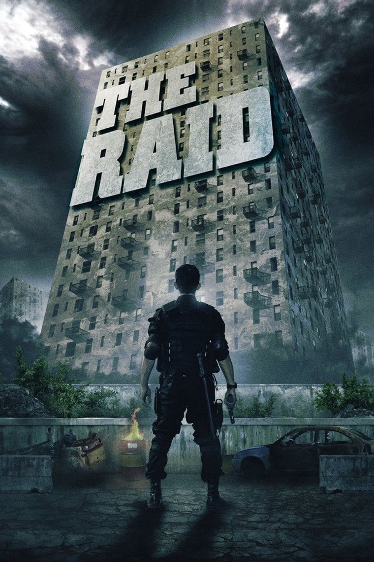 The Raid Redemption poster showing a policeman in a stairwell of a derelict tower