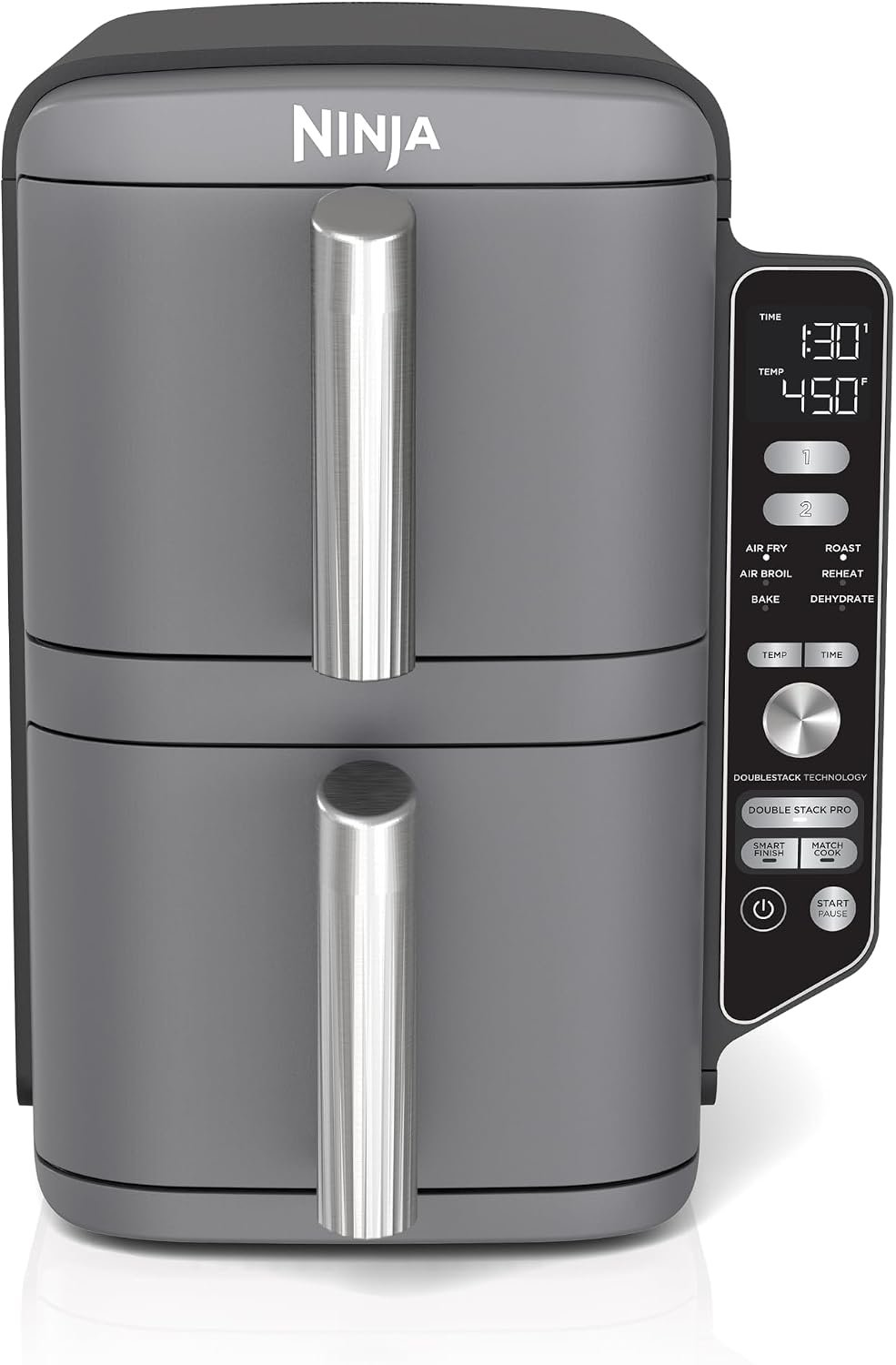 Ninja Air Fryer DoubleStack XL in deep grey with its two stacked baskets closed
